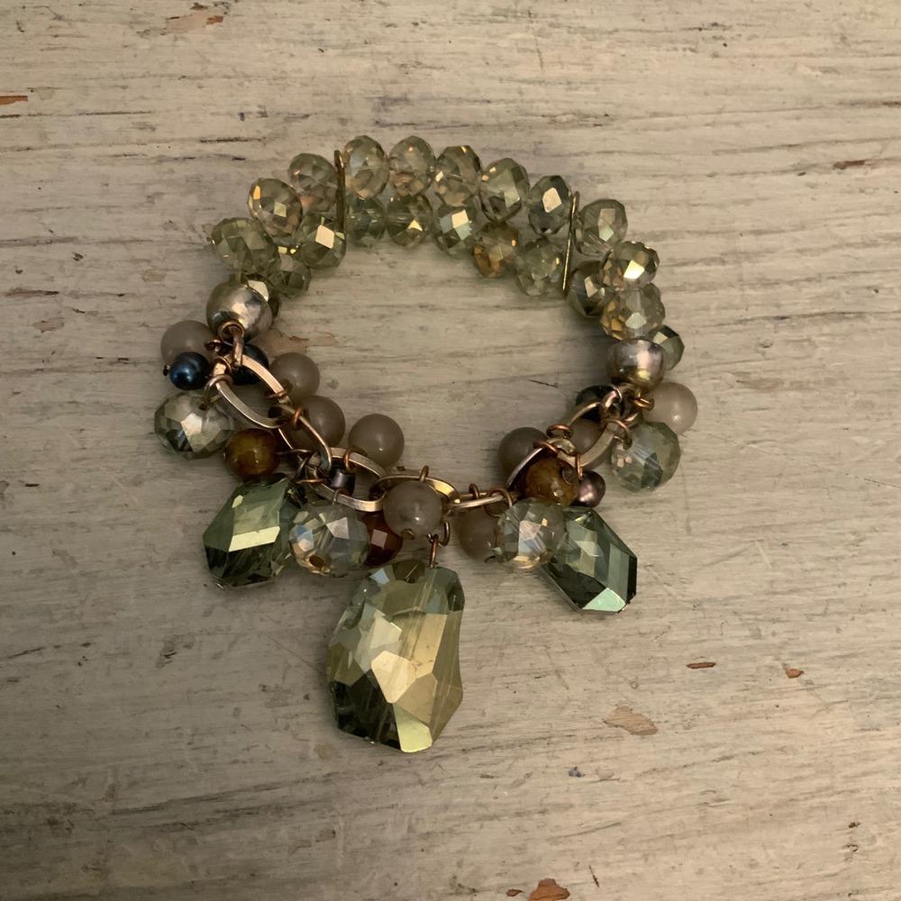 Chunky Earth Toned Multistrand Faceted Cluster Beaded Stretch Charm Bracelet GC